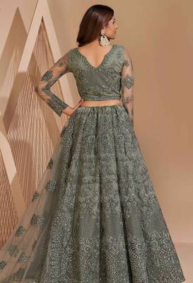 Dusty Green Embroidered Net Thread Work Lehenga Choli - Free size 4