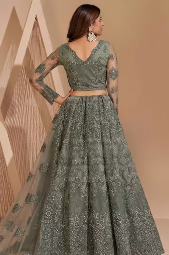 Dusty Green Embroidered Net Thread Work Lehenga Choli - Free size