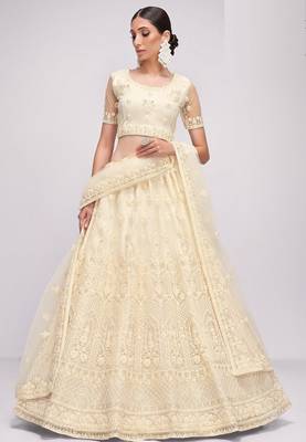 Off White Embroidered Net Thread Work Lehenga Choli - Free size 1