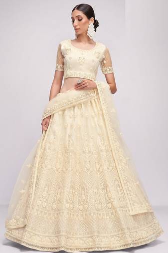 Off White Embroidered Net Thread Work Lehenga Choli - Free size