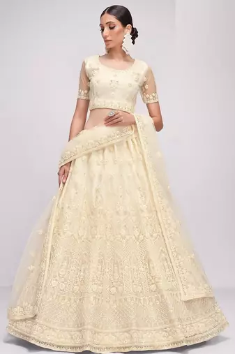 Off White Embroidered Net Thread Work Lehenga Choli - Free size