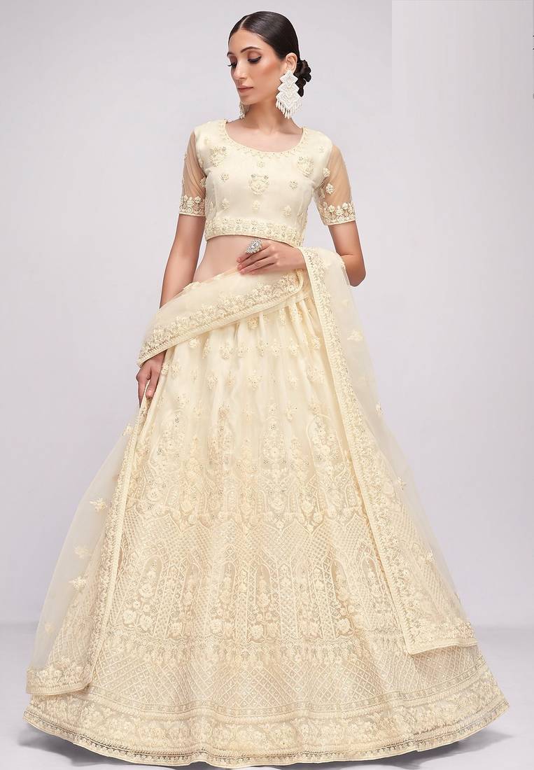 Off White Embroidered Net Thread Work Lehenga Choli - Free size