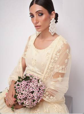 Off White Embroidered Net Thread Work Lehenga Choli - Free size 2