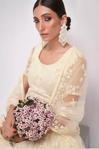 Off White Embroidered Net Thread Work Lehenga Choli - Free size