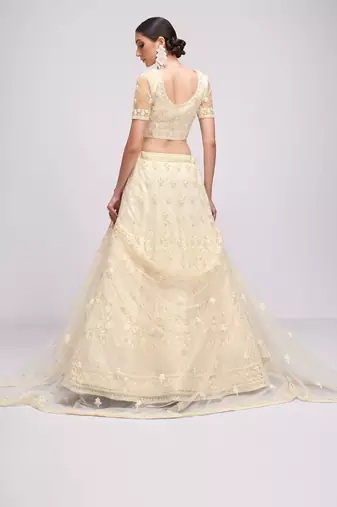 Off White Embroidered Net Thread Work Lehenga Choli - Free size