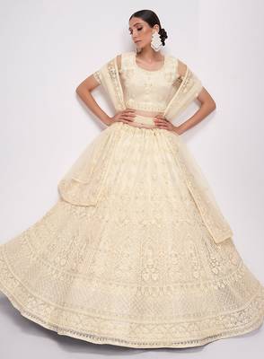 Off White Embroidered Net Thread Work Lehenga Choli - Free size 4