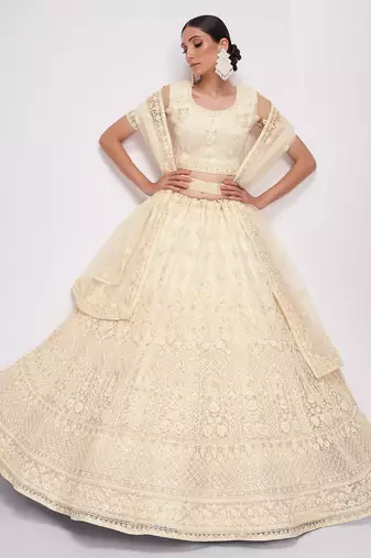 Off White Embroidered Net Thread Work Lehenga Choli - Free size
