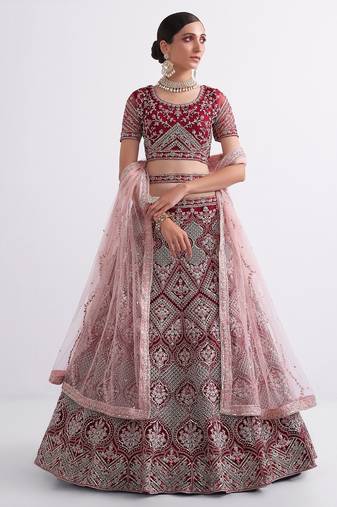 Red Embroidered Silk Blend Thread Work Lehenga Choli - Free size
