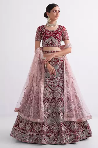 Red Embroidered Silk Blend Thread Work Lehenga Choli - Free size