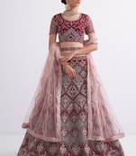 Red Embroidered Silk Blend Thread Work Lehenga Choli - Free size