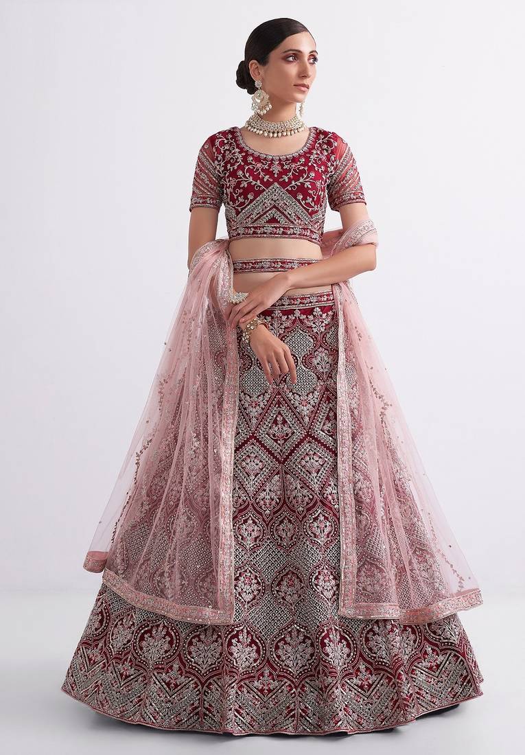 Red Embroidered Silk Blend Thread Work Lehenga Choli - Free size