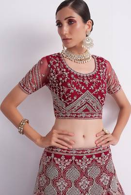 Red Embroidered Silk Blend Thread Work Lehenga Choli - Free size 2