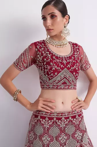 Red Embroidered Silk Blend Thread Work Lehenga Choli - Free size