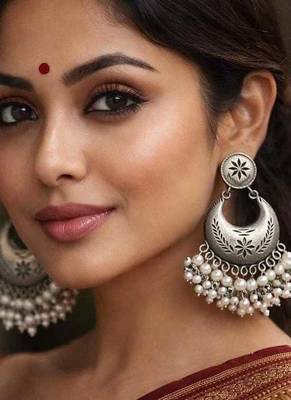 Luxury Oxidised Silver Pearl Chandbali Earrings | Handmade Indian Bridal Jewelry 1