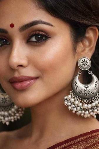 Luxury Oxidised Silver Pearl Chandbali Earrings | Handmade Indian Bridal Jewelry