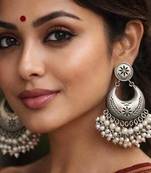Luxury Oxidised Silver Pearl Chandbali Earrings | Handmade Indian Bridal Jewelry