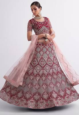 Red Embroidered Silk Blend Thread Work Lehenga Choli - Free size 3