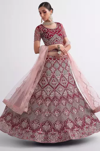 Red Embroidered Silk Blend Thread Work Lehenga Choli - Free size