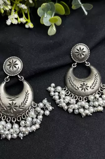 Luxury Oxidised Silver Pearl Chandbali Earrings | Handmade Indian Bridal Jewelry
