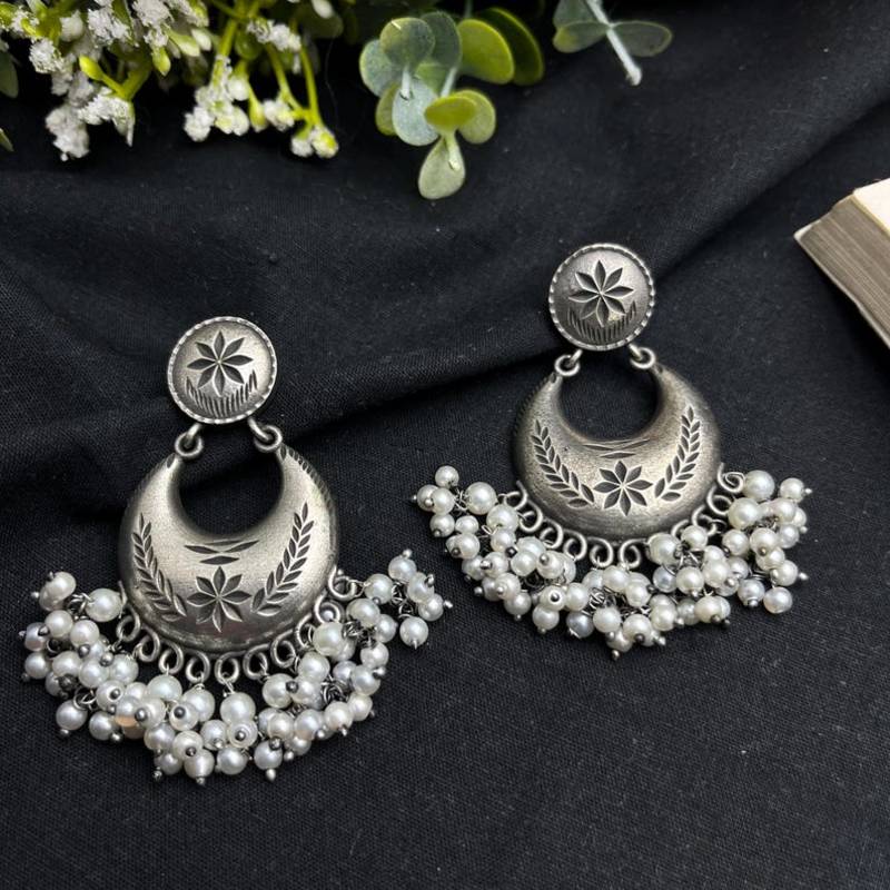 Luxury Oxidised Silver Pearl Chandbali Earrings | Handmade Indian Bridal Jewelry