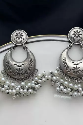 Luxury Oxidised Silver Pearl Chandbali Earrings | Handmade Indian Bridal Jewelry