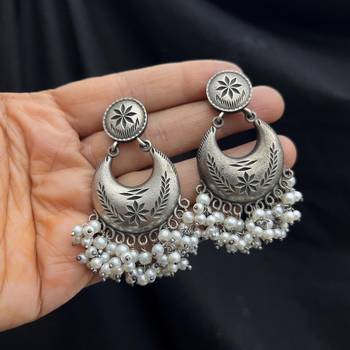 Luxury Oxidised Silver Pearl Chandbali Earrings | Handmade Indian Bridal Jewelry 4