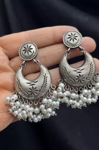 Luxury Oxidised Silver Pearl Chandbali Earrings | Handmade Indian Bridal Jewelry