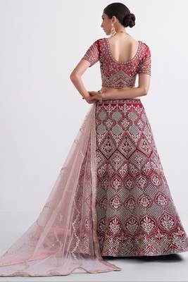 Red Embroidered Silk Blend Thread Work Lehenga Choli - Free size 4