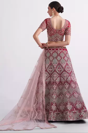 Red Embroidered Silk Blend Thread Work Lehenga Choli - Free size