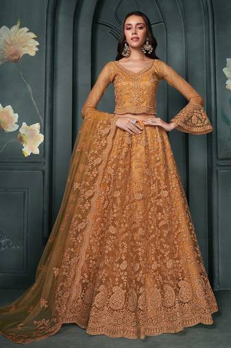 Orange Embroidered Net Thread Work Lehenga Choli - Free size