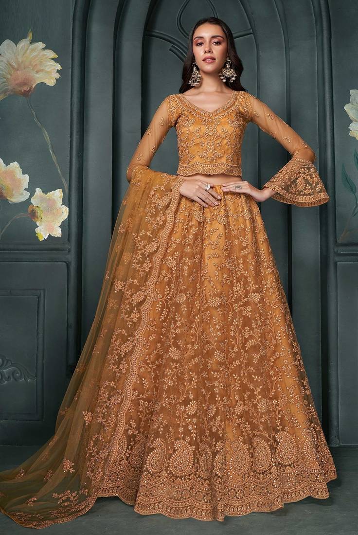 Orange Embroidered Net Thread Work Lehenga Choli - Free size