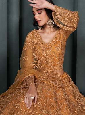 Orange Embroidered Net Thread Work Lehenga Choli - Free size 2