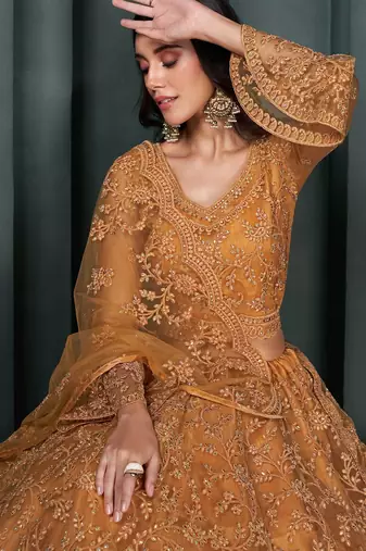 Orange Embroidered Net Thread Work Lehenga Choli - Free size