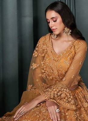 Orange Embroidered Net Thread Work Lehenga Choli - Free size 3