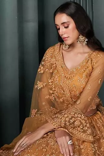 Orange Embroidered Net Thread Work Lehenga Choli - Free size