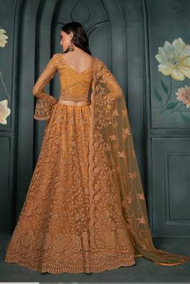Orange Embroidered Net Thread Work Lehenga Choli - Free size 4
