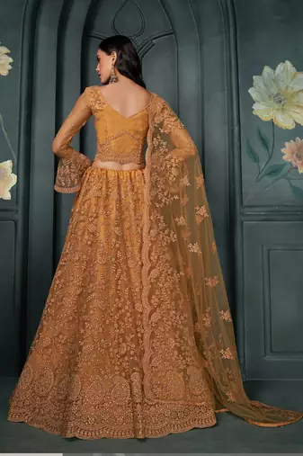 Orange Embroidered Net Thread Work Lehenga Choli - Free size