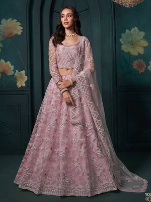 Dusty Pink Embroidered Net Thread Work Lehenga Choli - Free size 1