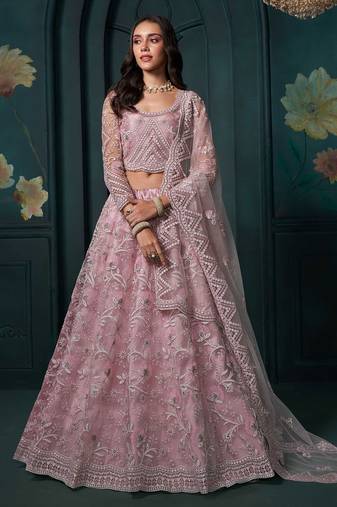 Dusty Pink Embroidered Net Thread Work Lehenga Choli - Free size