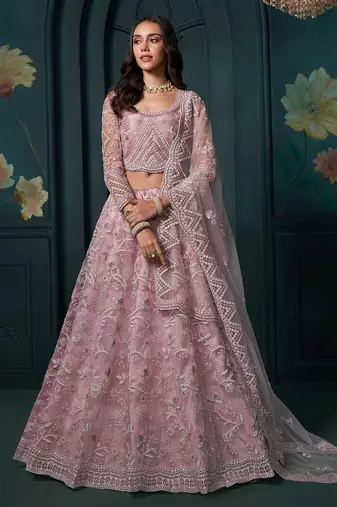 Dusty Pink Embroidered Net Thread Work Lehenga Choli - Free size