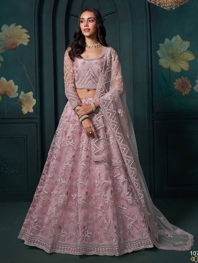 Dusty Pink Embroidered Net Thread Work Lehenga Choli - Free size