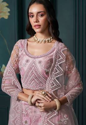 Dusty Pink Embroidered Net Thread Work Lehenga Choli - Free size 2