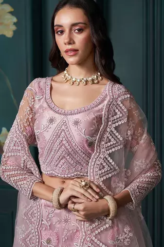 Dusty Pink Embroidered Net Thread Work Lehenga Choli - Free size