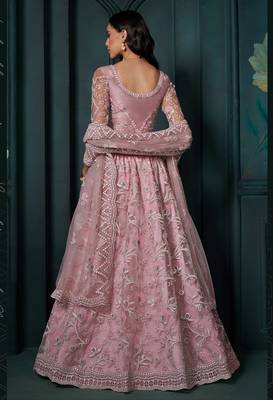 Dusty Pink Embroidered Net Thread Work Lehenga Choli - Free size 3