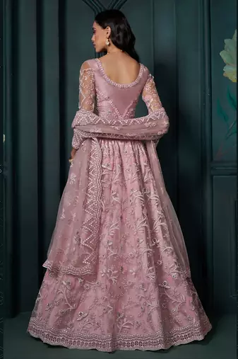 Dusty Pink Embroidered Net Thread Work Lehenga Choli - Free size