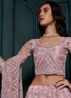 Dusty Pink Embroidered Net Thread Work Lehenga Choli - Free size 4