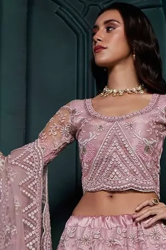 Dusty Pink Embroidered Net Thread Work Lehenga Choli - Free size