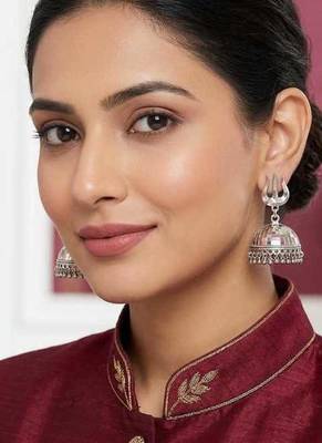 Oxidized Silver Trishul Jhumka Earrings: Indian Temple Jewelry 1