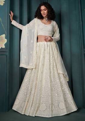 Off White Embroidered Georgette Thread Work Lehenga Choli - Free size 1