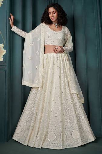 Off White Embroidered Georgette Thread Work Lehenga Choli - Free size
